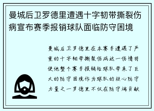 曼城后卫罗德里遭遇十字韧带撕裂伤病宣布赛季报销球队面临防守困境 曼城后卫罗德里遭遇十字韧带撕裂伤病宣布赛季报销球队面临防守困境